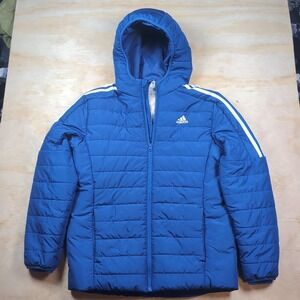 Adidas Jacket Youth Large Blue Hooded Puffer Coat Full Zip 3-Stripes Insulated